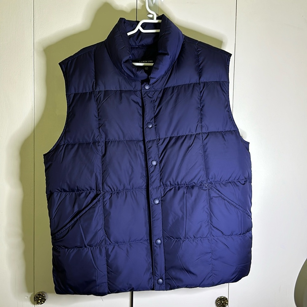 Lands End Mens Sz L (42-44) Blue Goosedown Puffer Vest Snap Front Lightweight